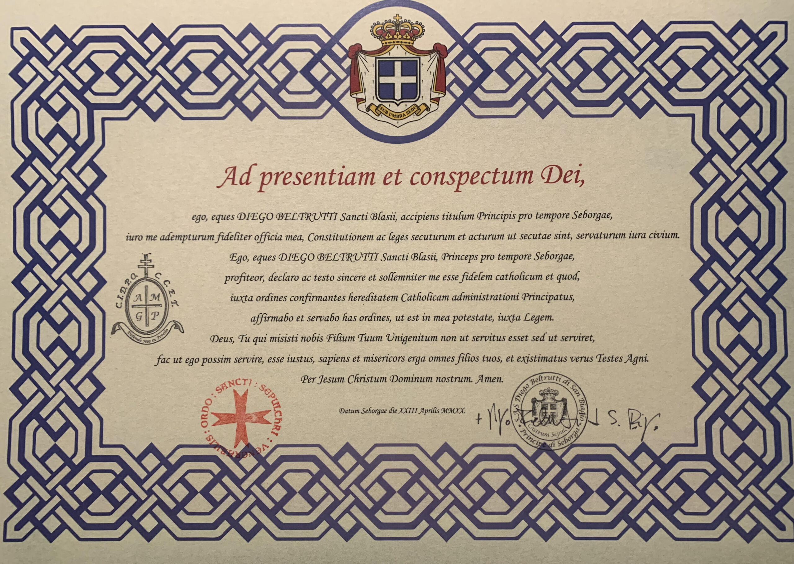 pergamena con la quale il Principe Diego Beltrutti di San Biagio accetta la nomina.